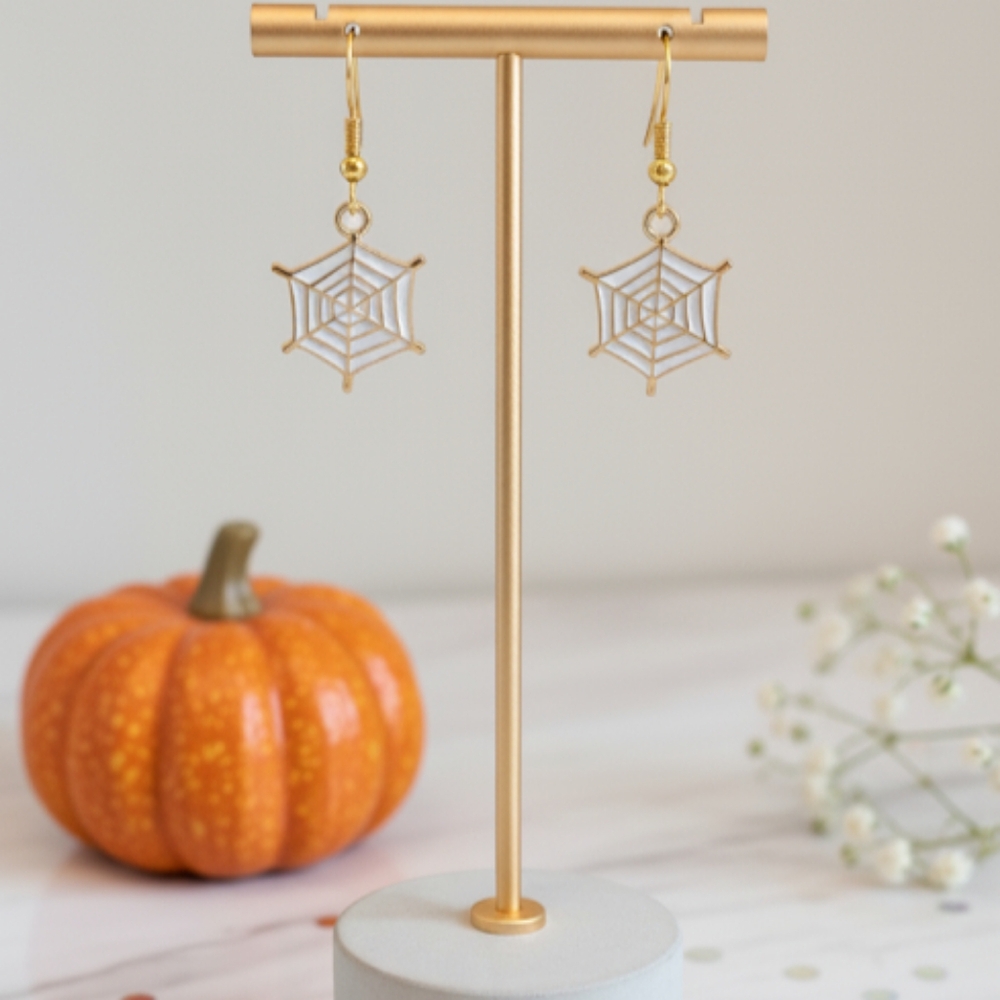 White Enamel Spider Web Earrings | Hypoallergenic Dangle Earrings |